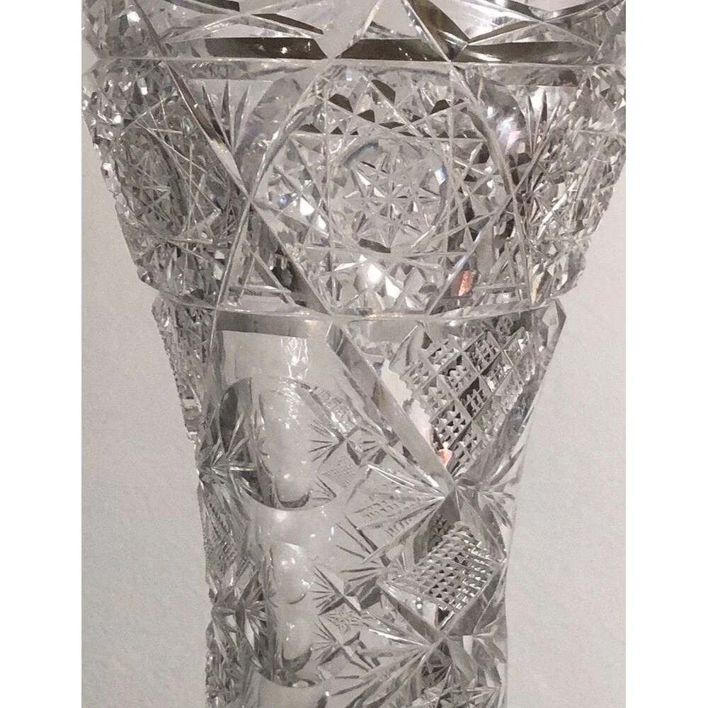 Vtg ABP  Cut Glass Corset Sawtooth Vase 10”